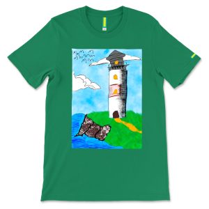 Calm Tower T-shirt from Oyé Young Royals Collection with hand-drawn lighthouse artwork, front view.