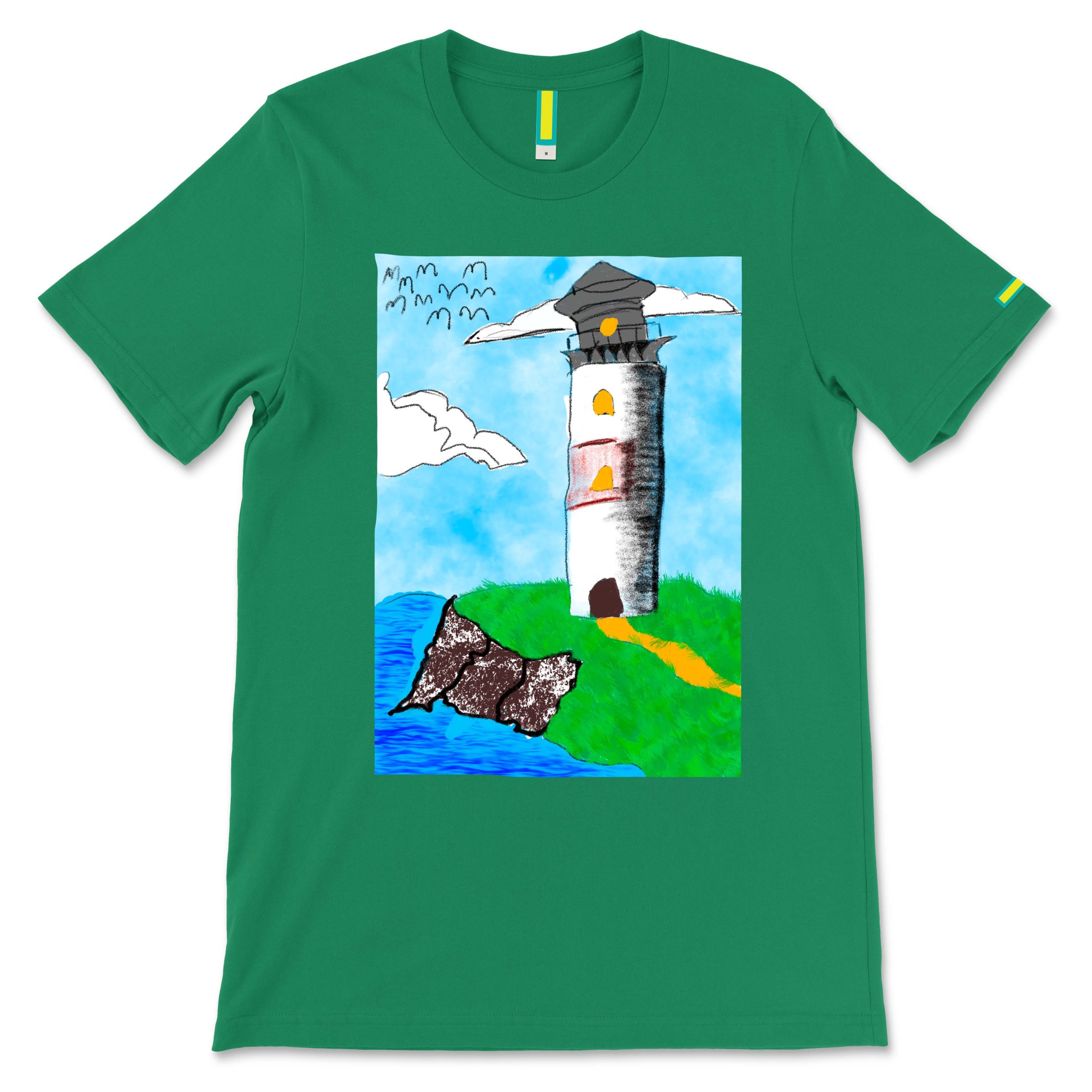 Calm Tower T-shirt from Oyé Young Royals Collection with hand-drawn lighthouse artwork, front view.