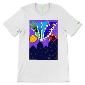 Dragon Fusion T-shirt from the Young Royals Collection with hand-drawn cityscape, lightning, and dragon artwork, front view.