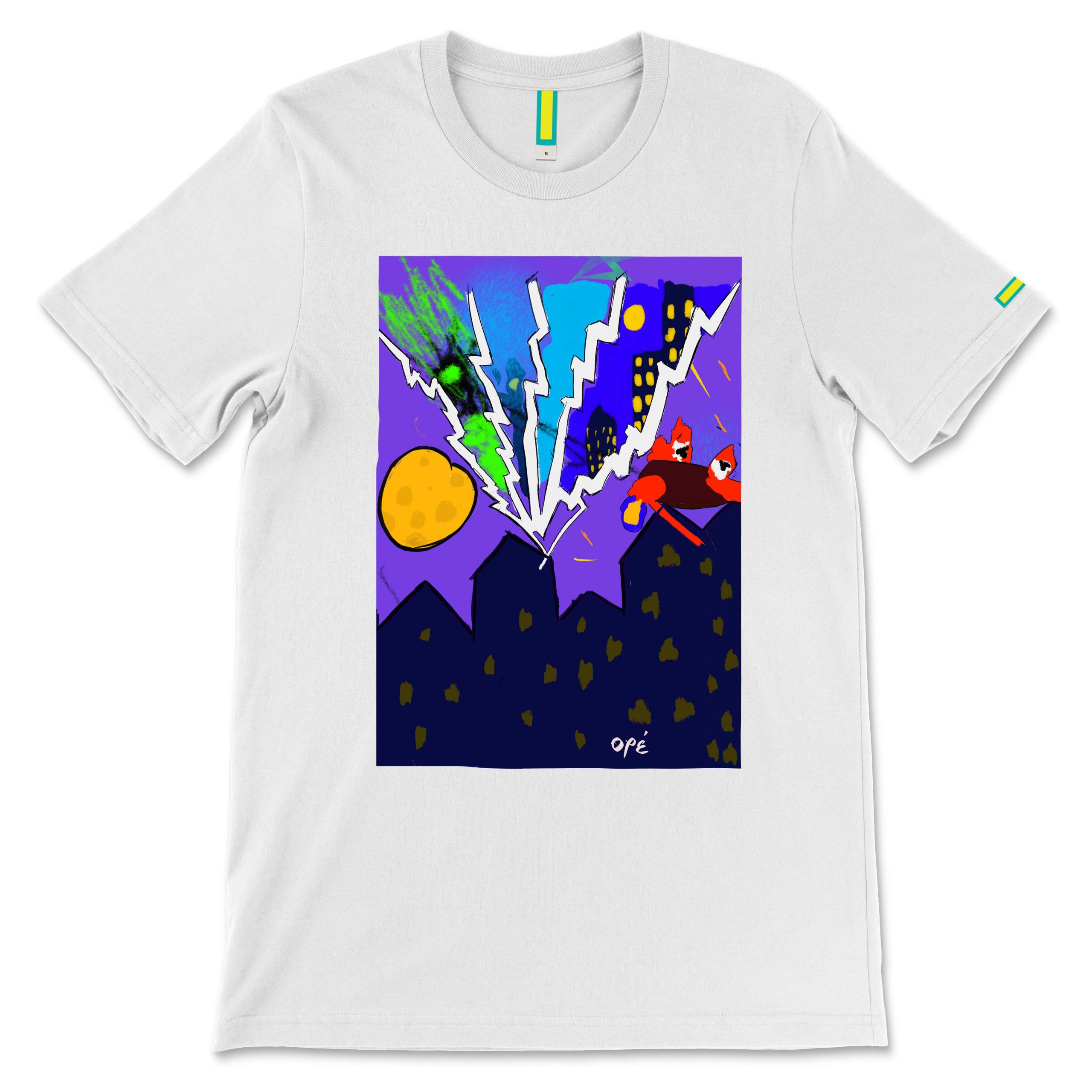 Dragon Fusion T-shirt from the Young Royals Collection with hand-drawn cityscape, lightning, and dragon artwork, front view.