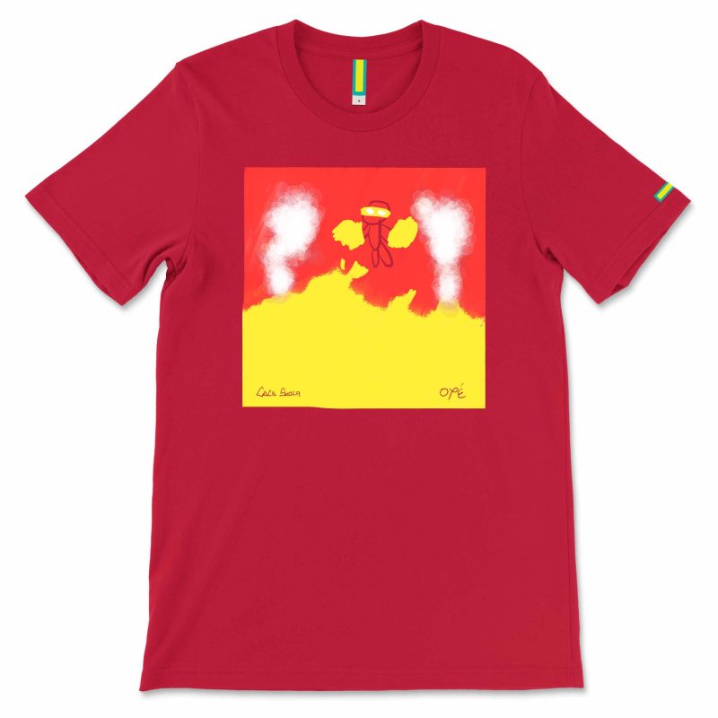 NinjaFlame Kids Art T-shirt from the Young Royals Collection with hand-drawn ninja flying through flames, front view.